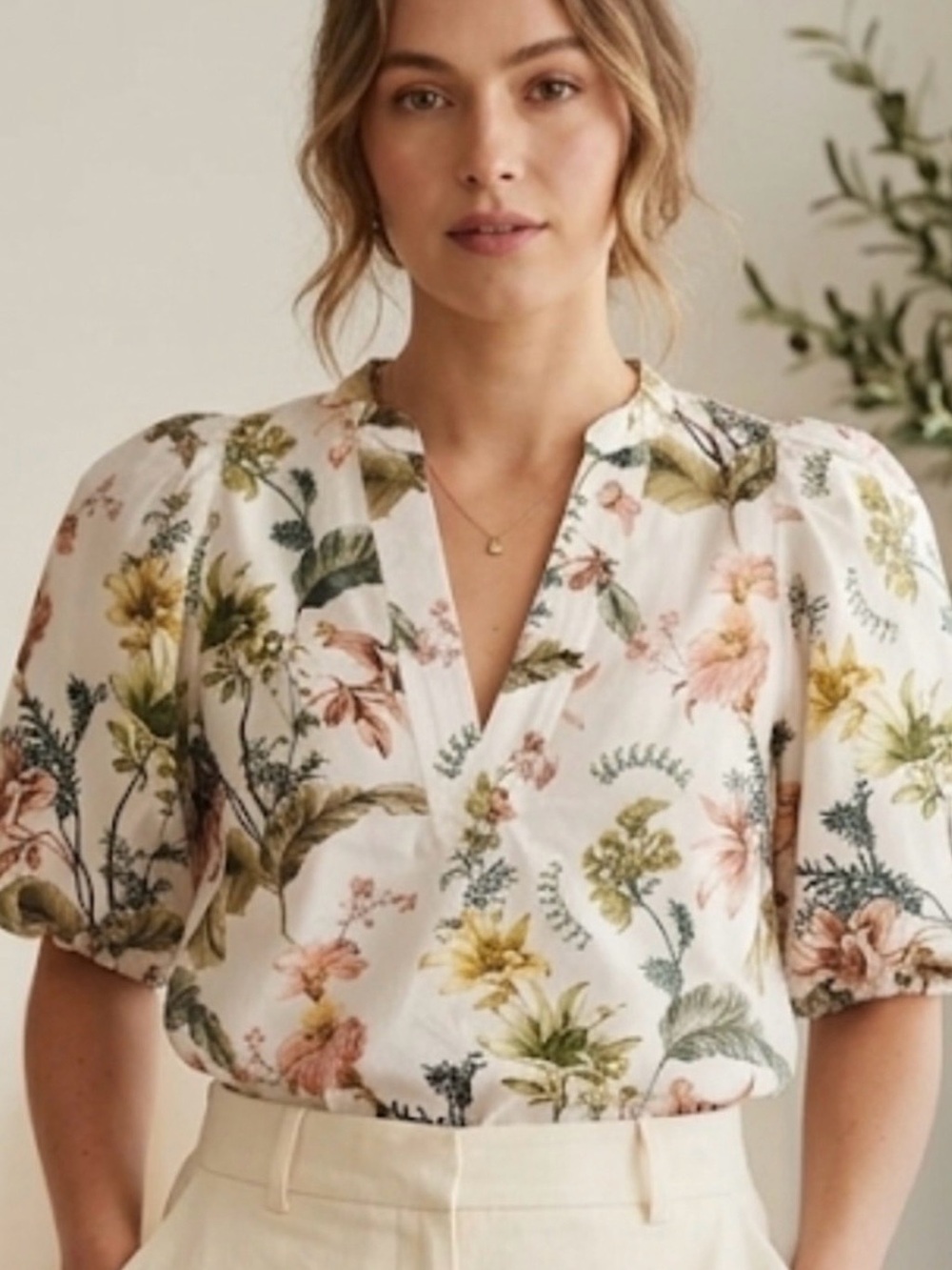 Anthropologie White Floral V-Neck Puff Sleeve Blouse